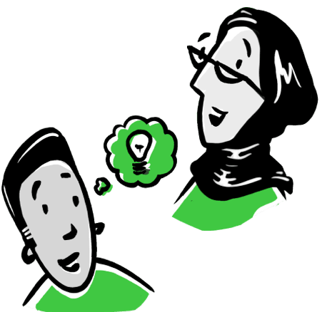 Illustration of two people, one has a thought bubble containing a lightbulb