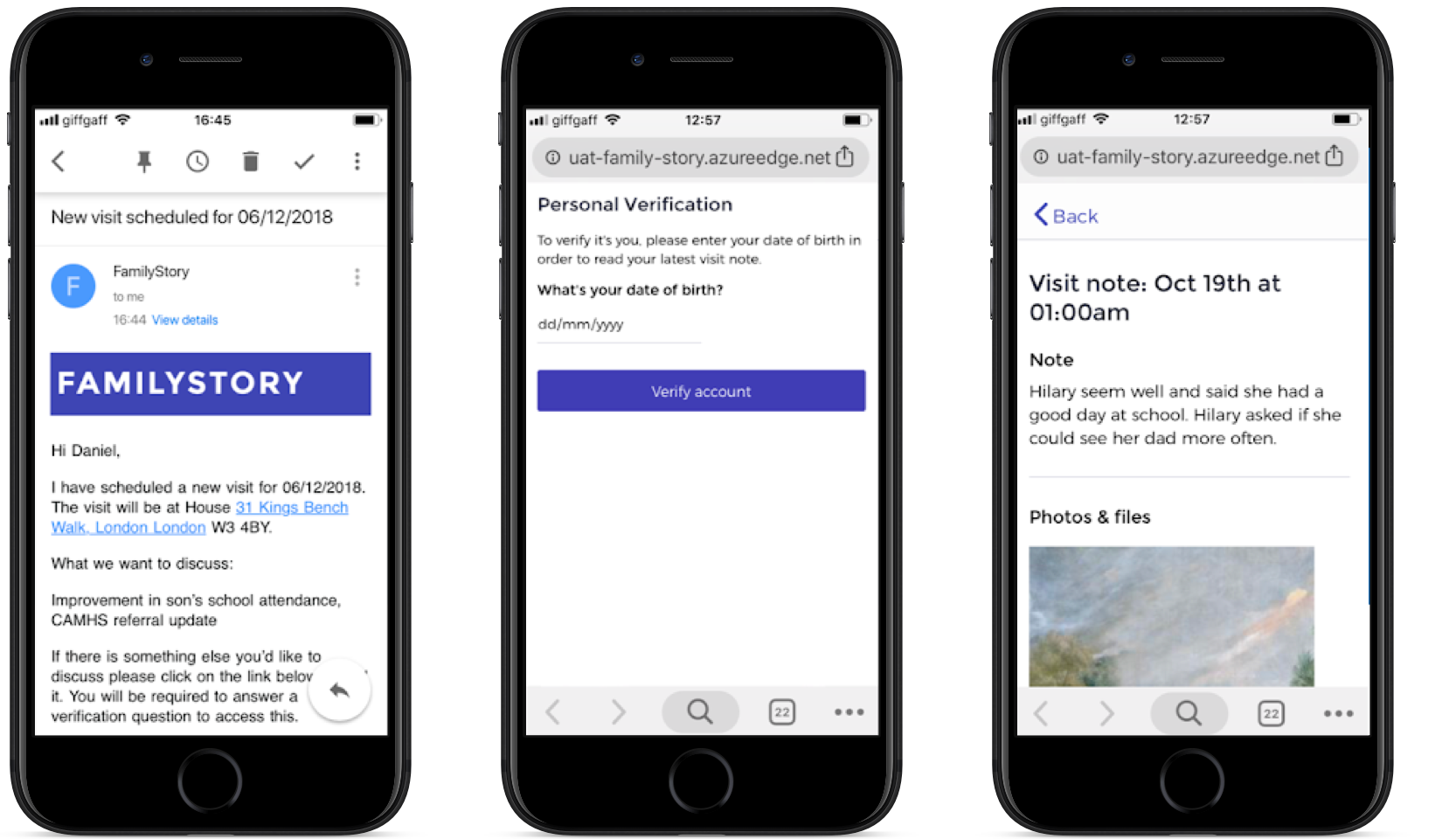 Photo showing three phones with the UAT Family Story notifications process for an upcoming visit