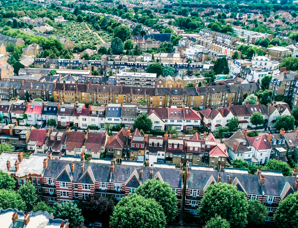 Photo showing an aerial photo of Victorian houses in the uk