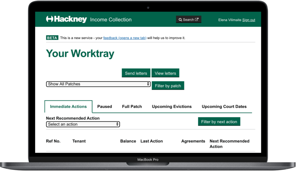 Hackney Council income collection website open on a laptop