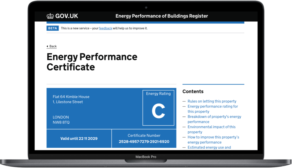 Photo showing an Energy performance certificate for a flat with a C energy rating open on laptop
