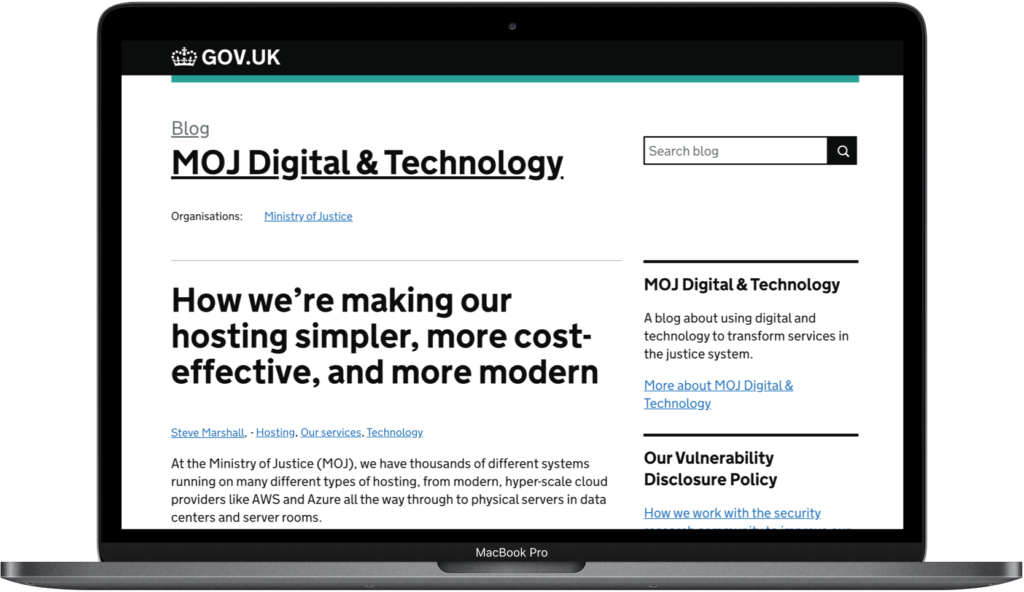Gov.uk blog post titled MOJ Digital and technology open on a laptop