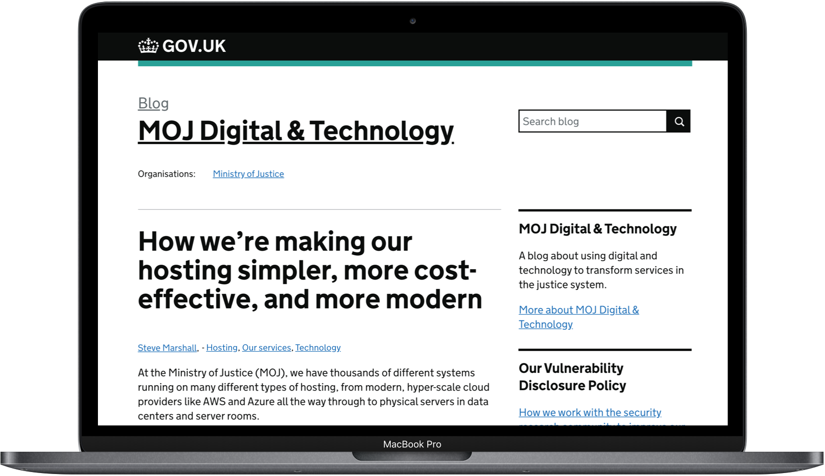 Photo showing a gov.uk blog post titled MOJ Digital and technology open on a laptop