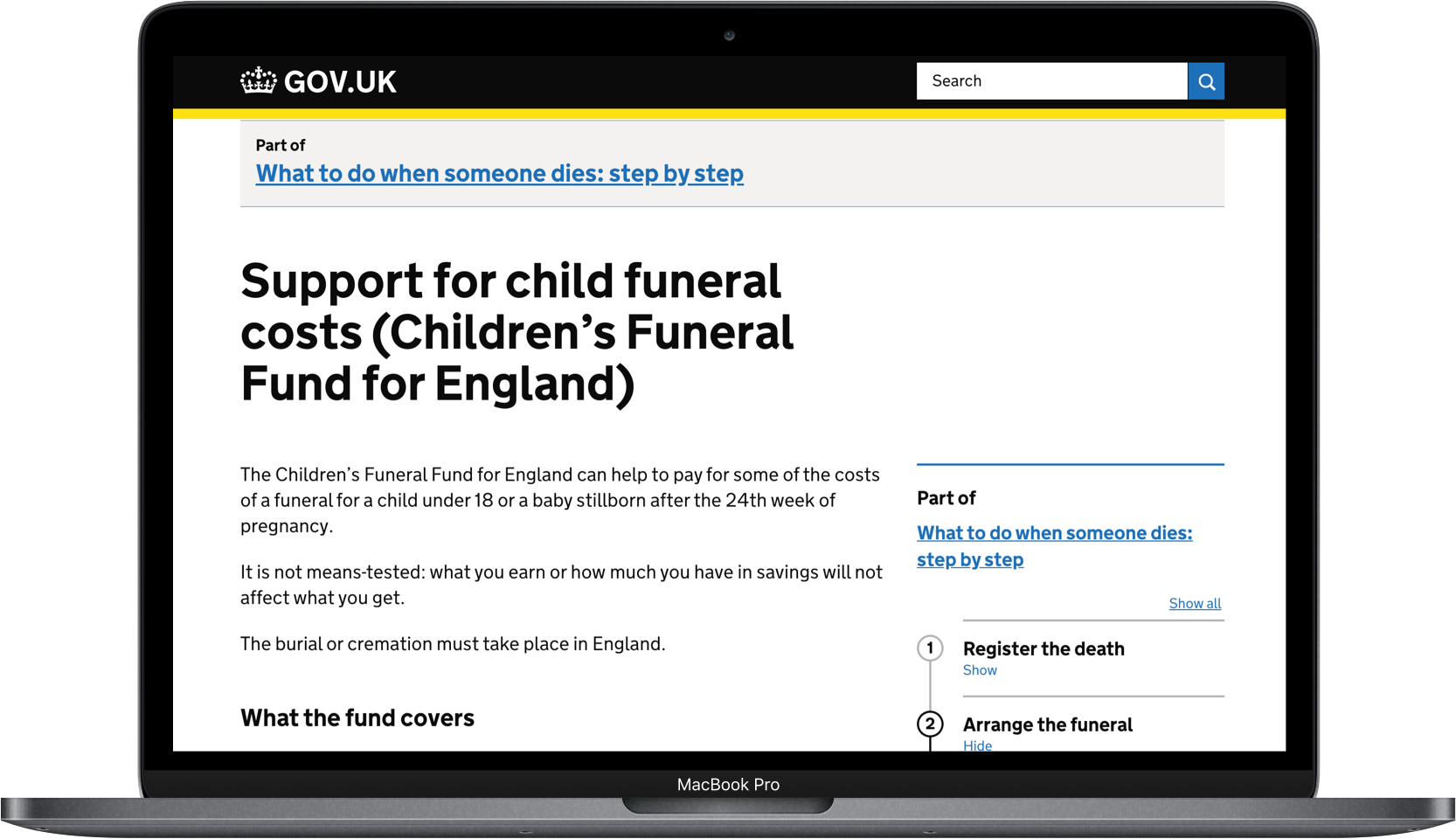 Picture showing the Support for childrens funeral costs webpage open on a laptop