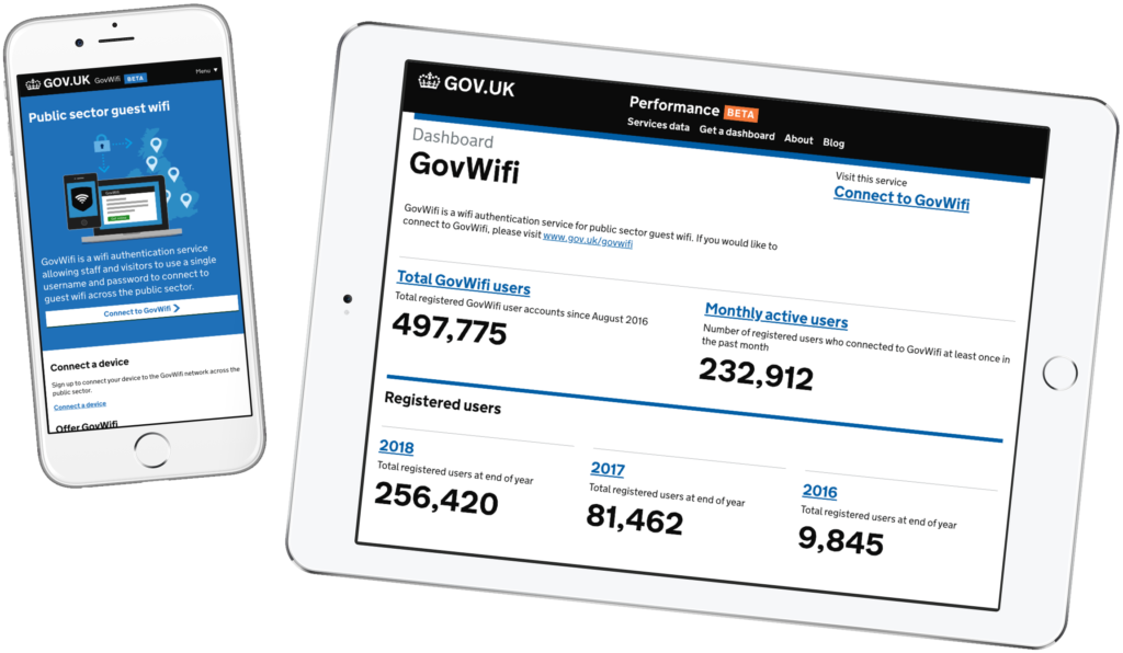 Image showing Govwifi webpage open on a tablet and a phone