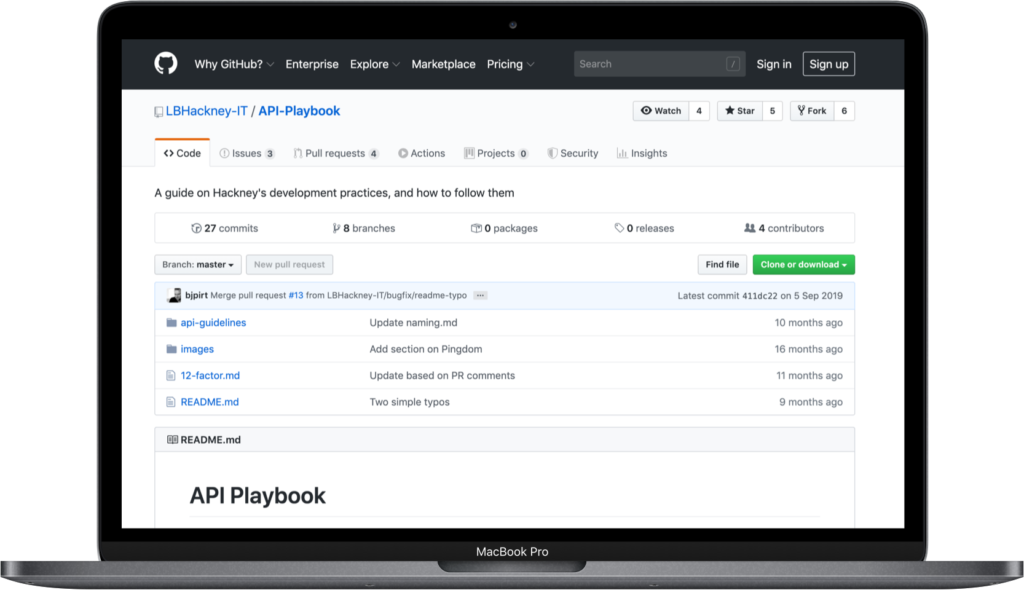 Hackney IT API Playbook in Github on a laptop
