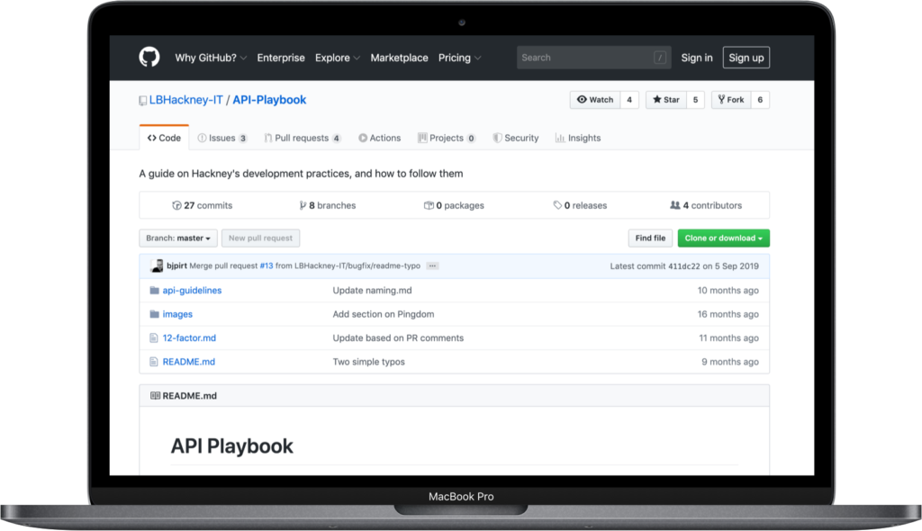 Photo showing the Hackney IT API Playbook in Github on a laptop