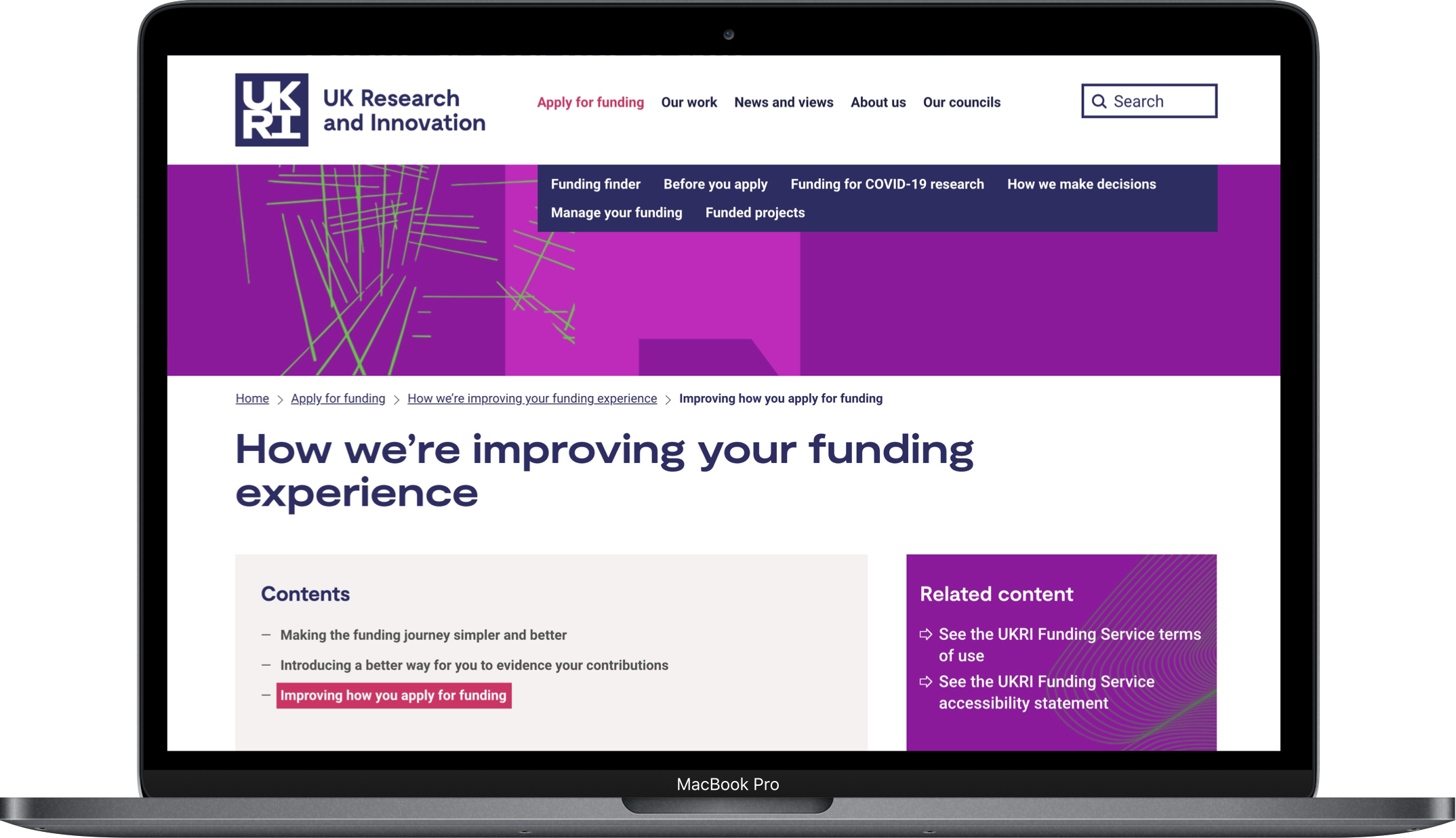 Photo showing the UKRI's How we're improving your funding experience webpage on a laptop