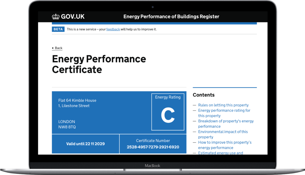 Photo showing an Energy performance certificate for a flat with a C energy rating on laptop