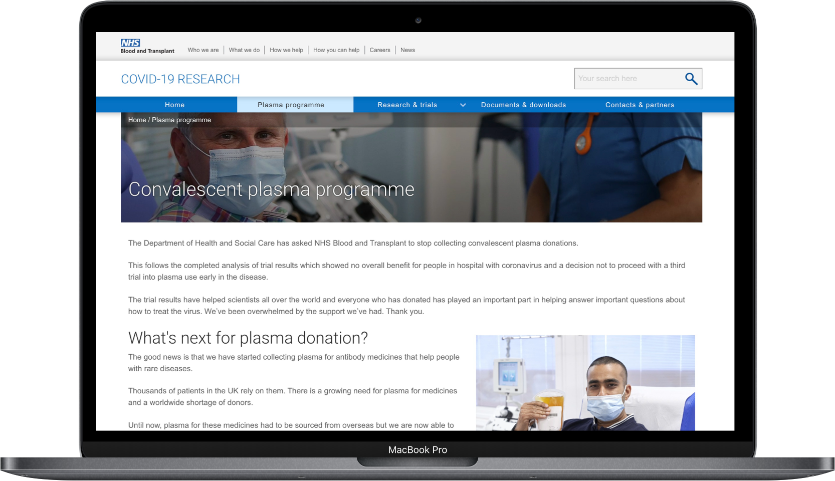 Photo showing the NHS Convalescent plasma programme webpage on a laptop