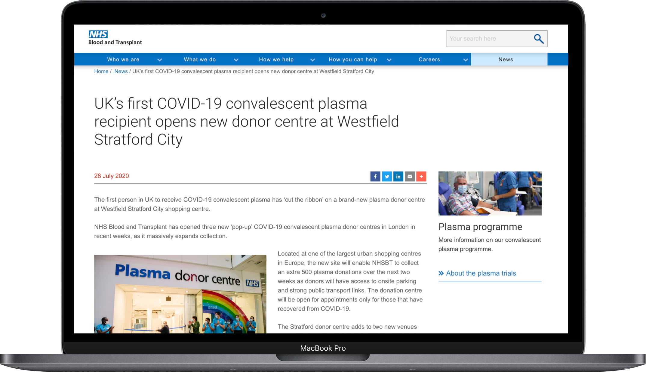 Photo showing the NHS BT article on the Convalescent plasma programme webpage open on computer