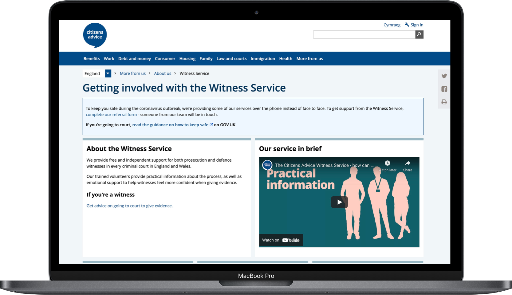 Photo showing the Citizen's Advice Witness Service webpage on a laptop
