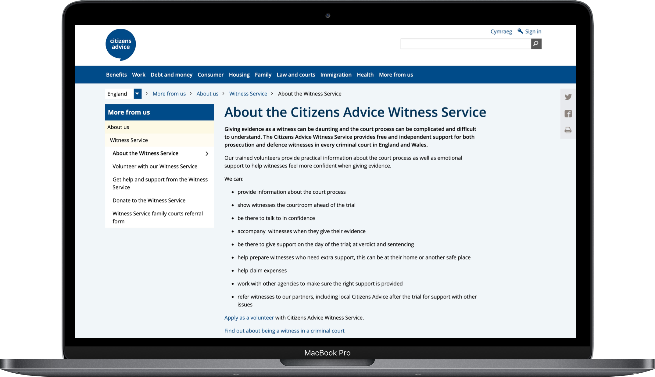 Photo showing Citizens Advice Witness Service webpage on a laptop