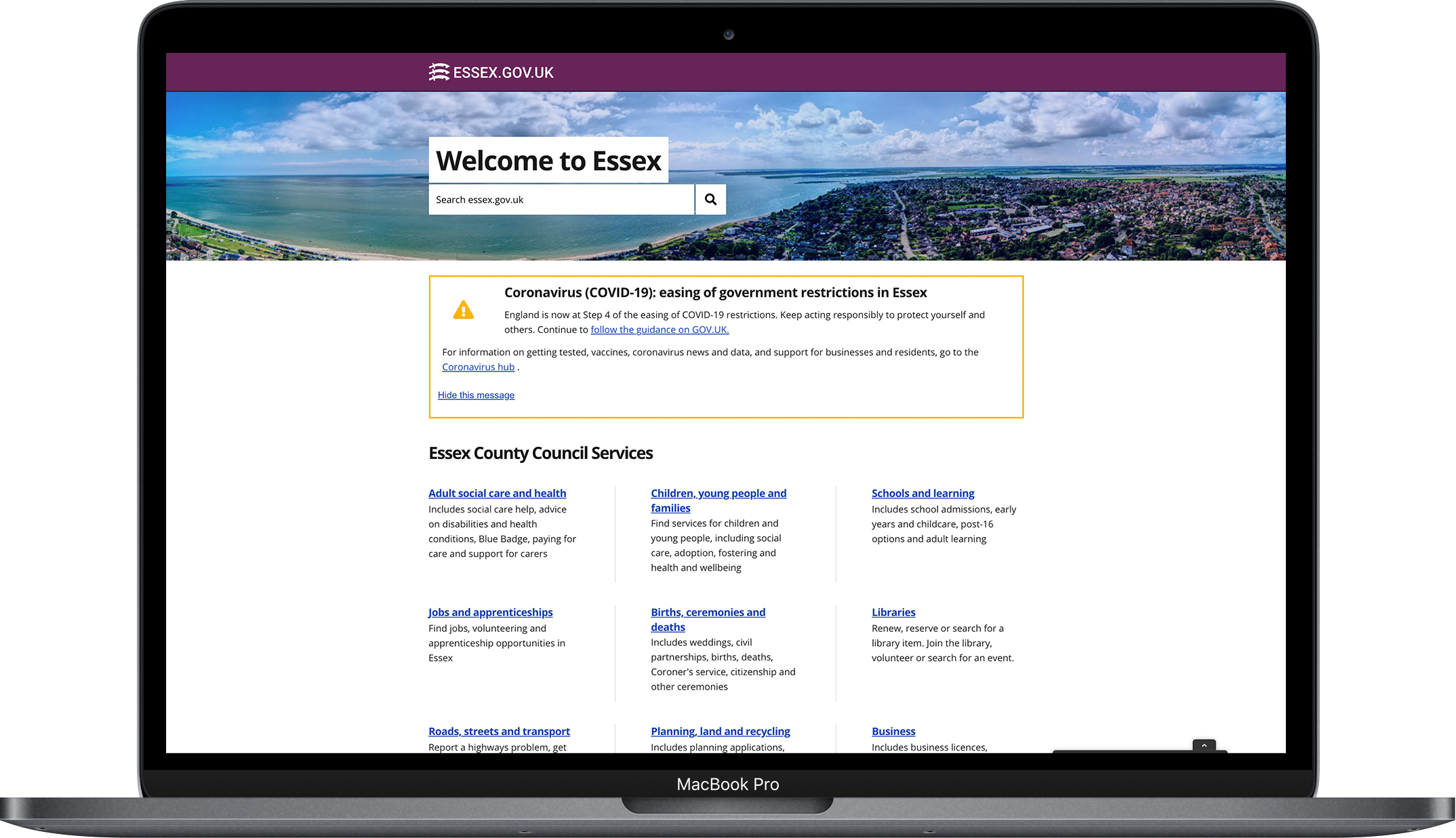 Photo showing the Essex County Council's Welcome to Essex webpage on a laptop