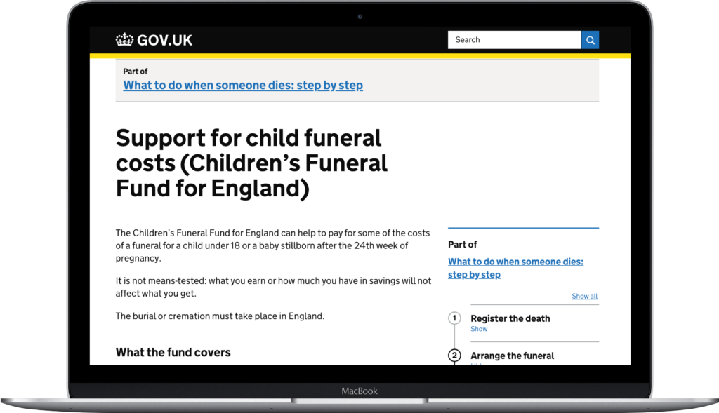 Photo showing the support for child funeral costs webpage on computer