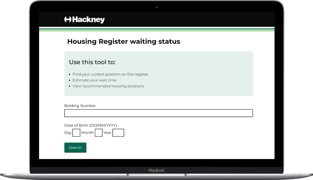 Photo of laptop displaying Hackney Council website