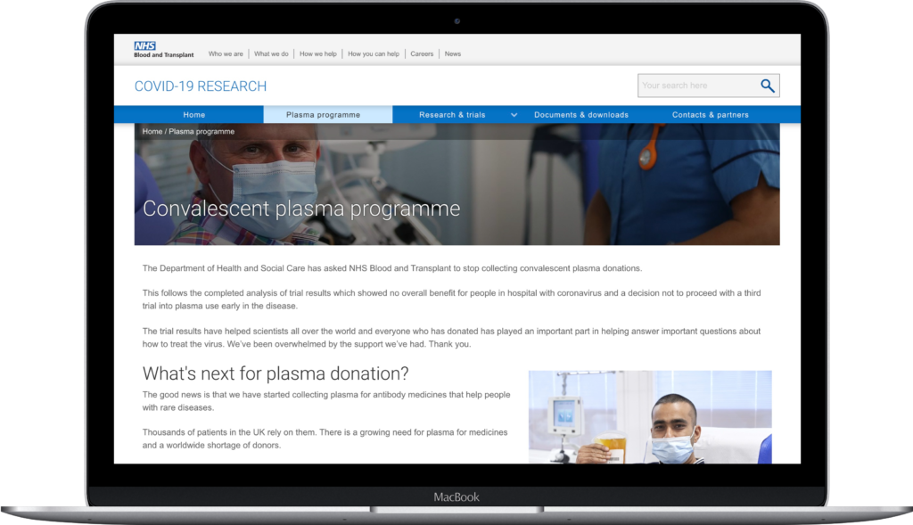 Photo showing the NHS Convalescent plasma programme webpage open on computer
