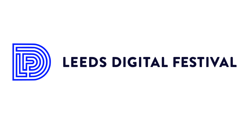 Image of Leeds Digital Festival text next to blue maze in the shape of a D