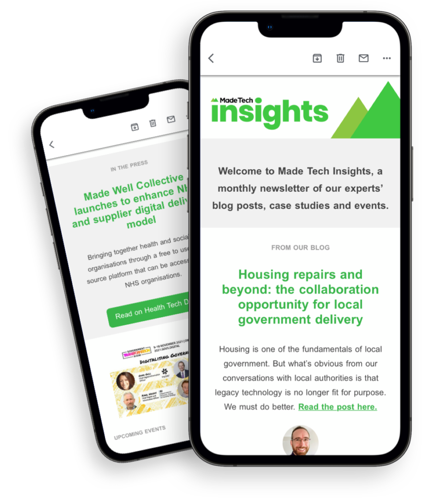 Phone showing Made Tech newsletter