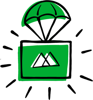 Illustrated green umbrella carrying a box