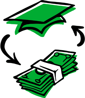 Illustration showing arrows pointing to a graduation cap and cash