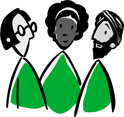Illustration showing three people in green clothing