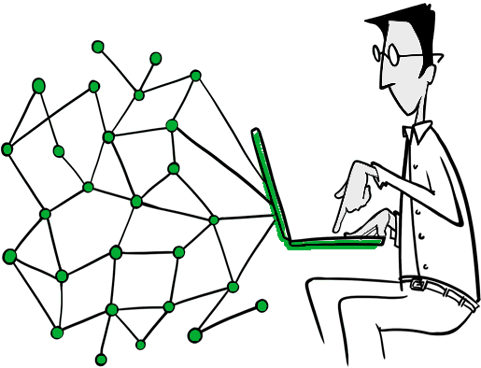 Illustration showing a man using a laptop to analyse data