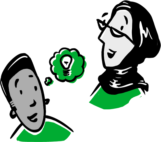Illustration of two people, one has a thought bubble containing a lightbulb