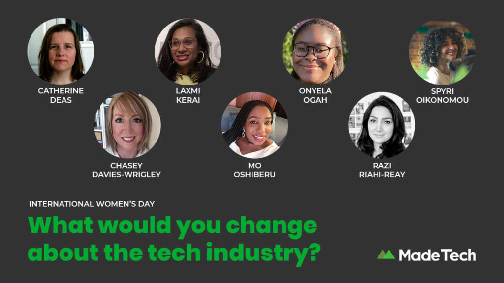 An illustration posing the question "what would you change about the tech industry?" below profile pictures of women at Made Tech who have contributed to this blog post.