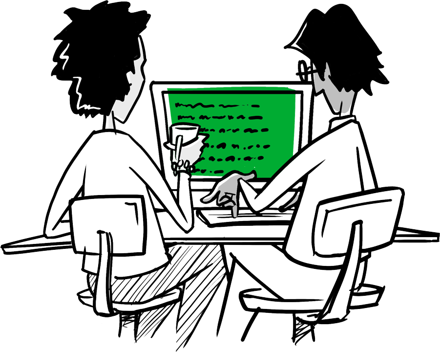 Illustration of two people sitting at a desk looking at a computer screen while one holds a mug