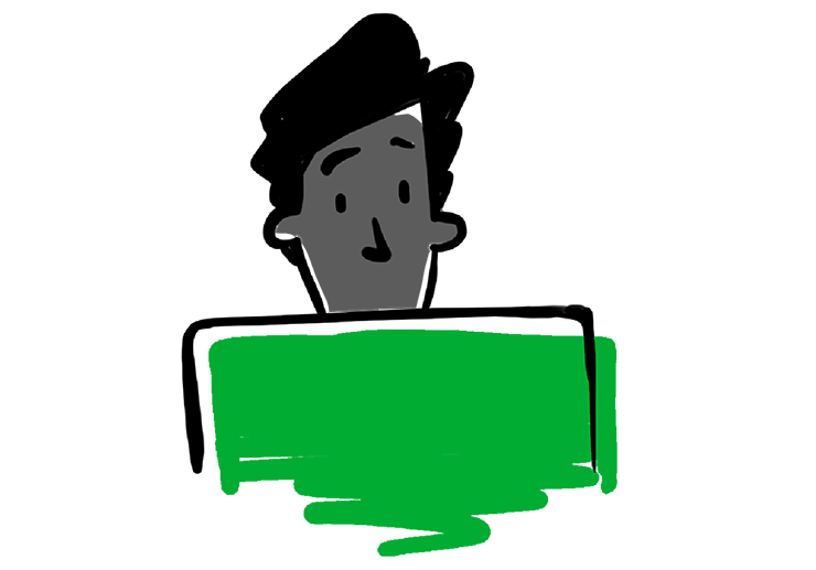 Illustration showing a man working behind his computer monitor