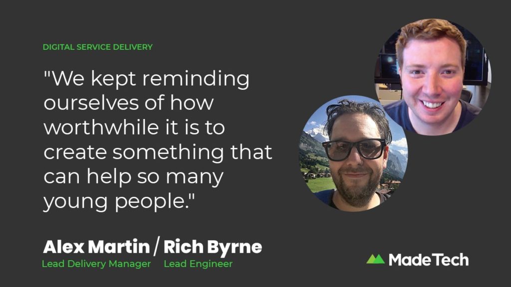The quoted text ""We kept reminding ourselves of how worthwhile it is to create something that can help so many young people" alongside profile pictures of blog post authors Alex Martin and Rich Byrne.
