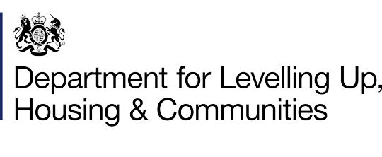 Image of black Department for Leveling Up, Housing & Communities coat of arms and text