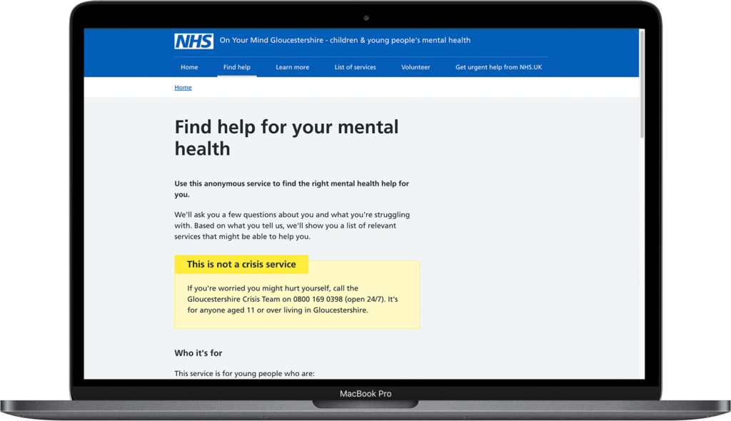 Laptop with Webpage for NHS Find help for your mental health