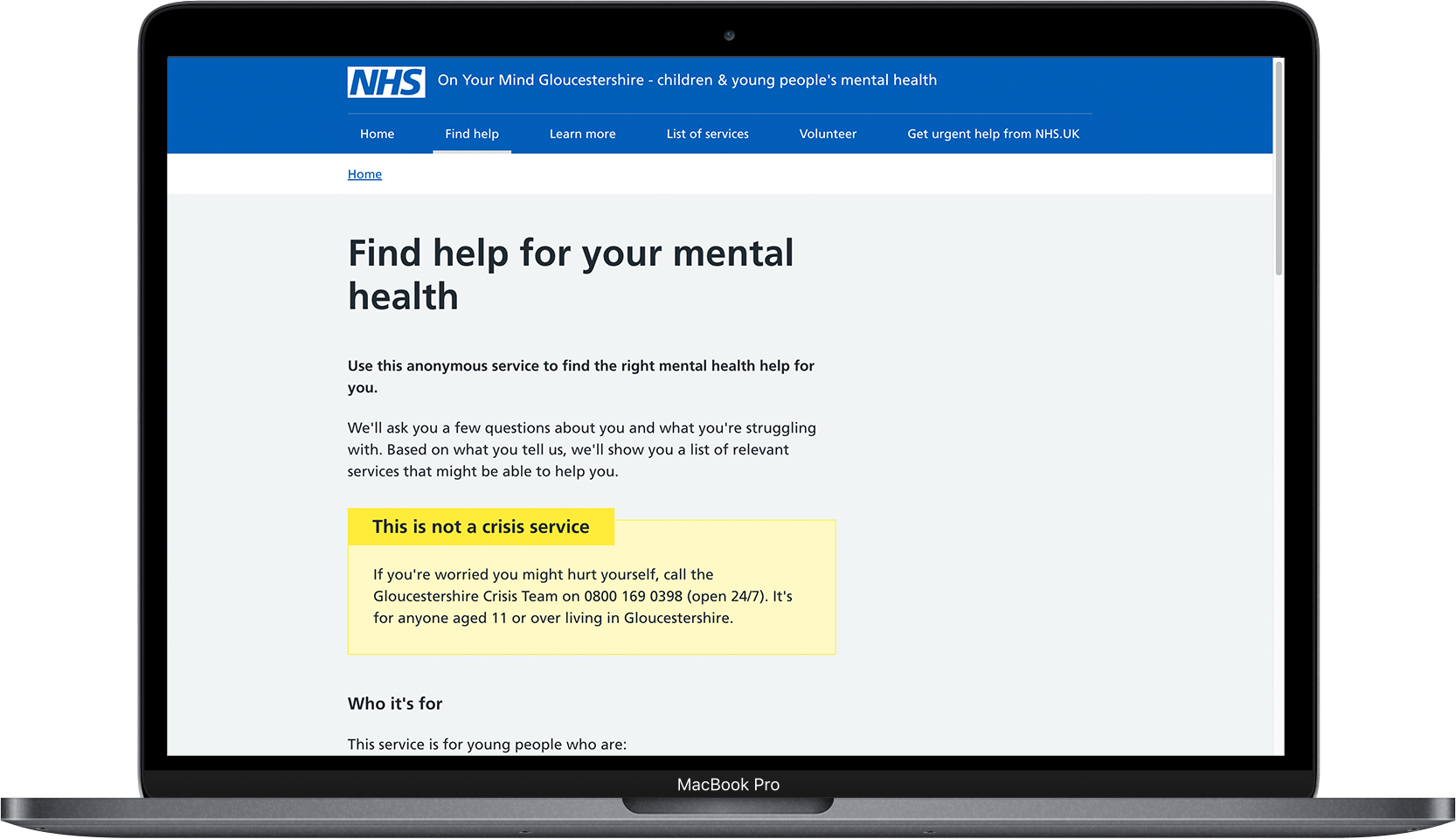 Laptop with Webpage for NHS Find help for your mental health