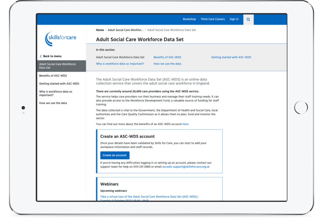 Adult social care workforce data set webpage in tablet