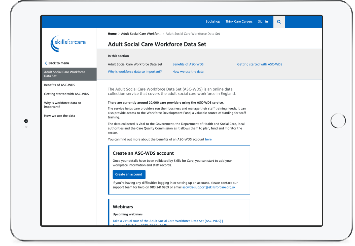 Adult social care workforce data set webpage in tablet