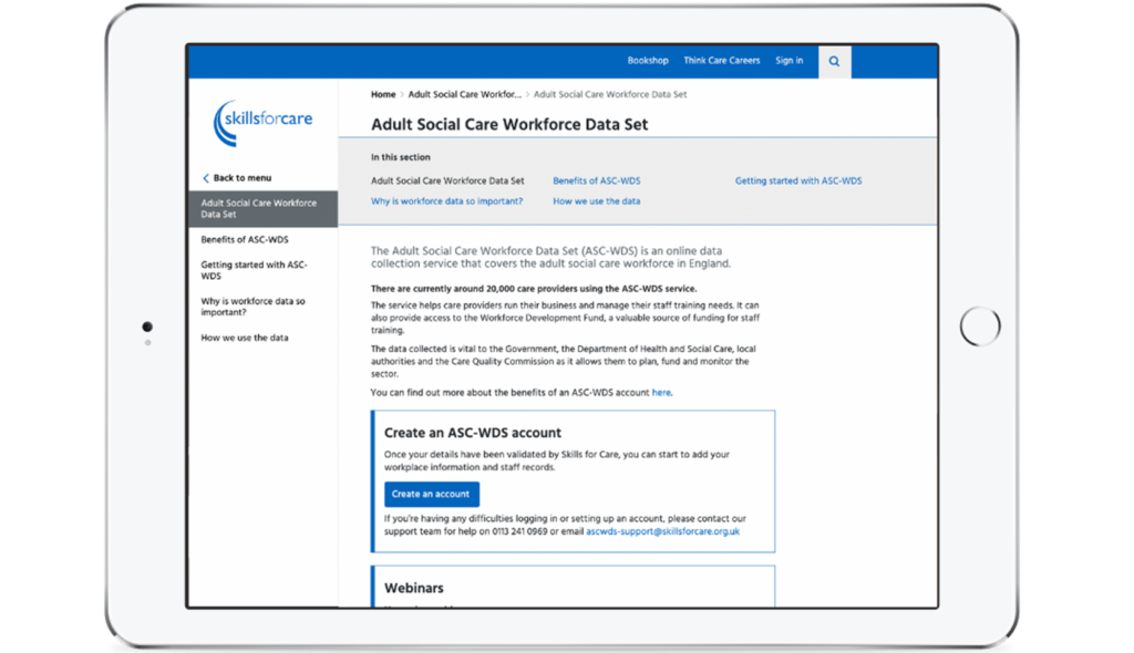 Tablet with a screenshot from the Adult Social care workforce data set webpage