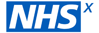 Image of white NHS text over blue rectangle next to blue x