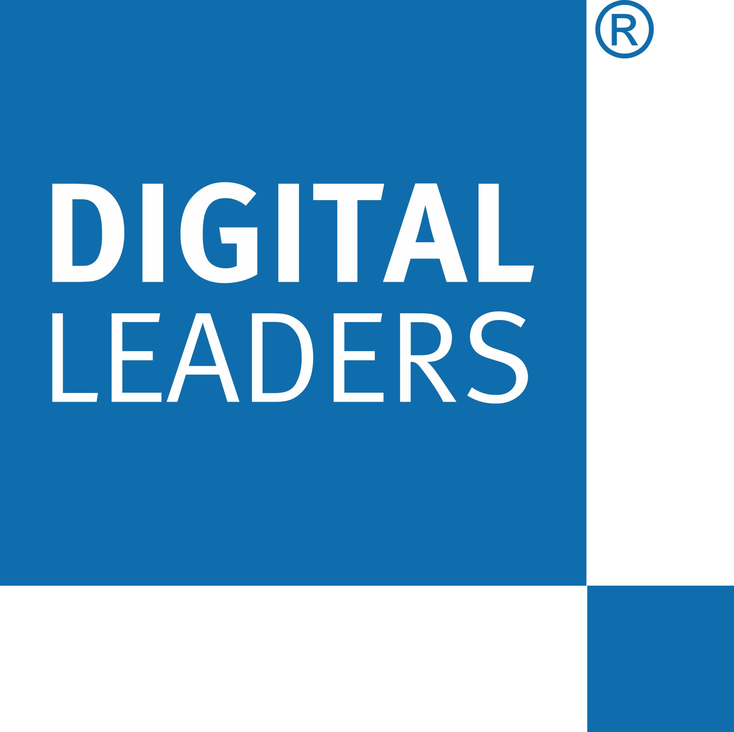 Image of Digital Leaders text in the middle of a blue square