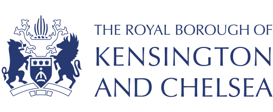 Image of blue The royal borough of kensington and chelsea coat of arms and text 