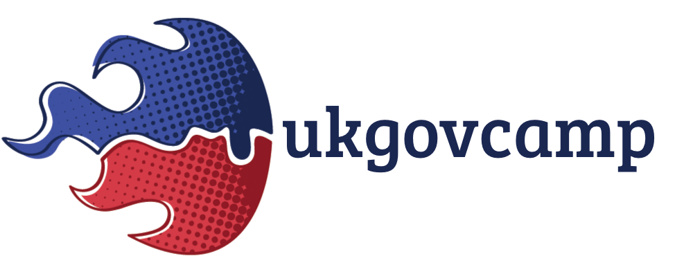 Image of ukGovCamp text next to a blue and red sketch of a flame