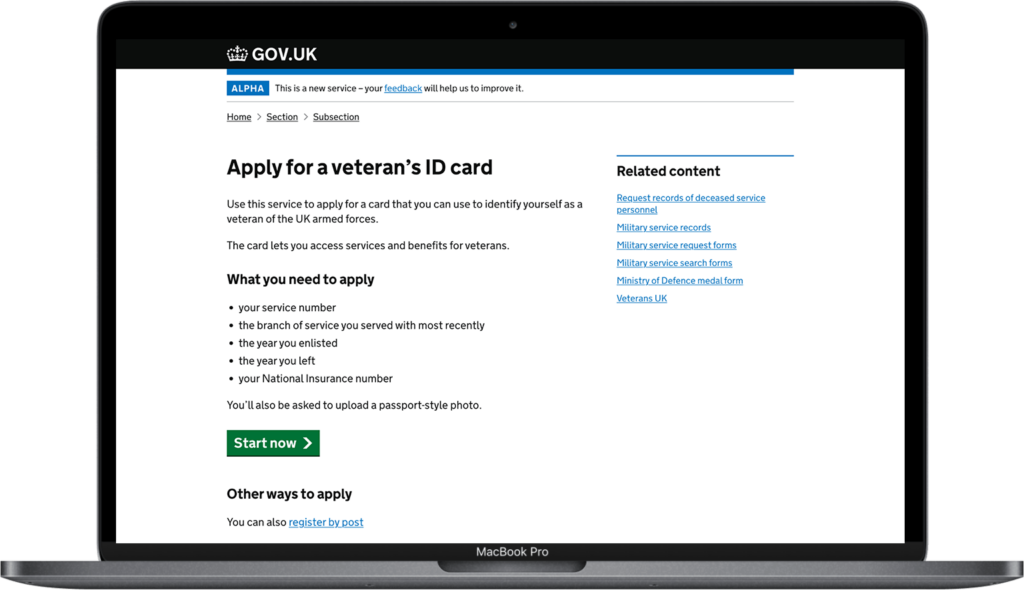 Image of Apply for a veterans ID card website landing page on a laptop