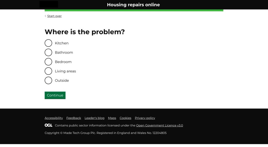 Screenshot of the product. Text on the page says: "Housing repairs online. Where is the problem?" with multiple choice options: kitchen, bathroom, bedroom, living areas and outside"