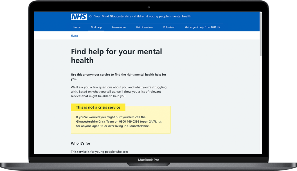 Image of a laptop on an NHS landing page for Find help for your mental health