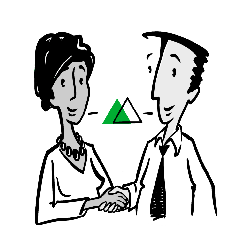 Illustration of woman and man shaking hands with two mountains in between them