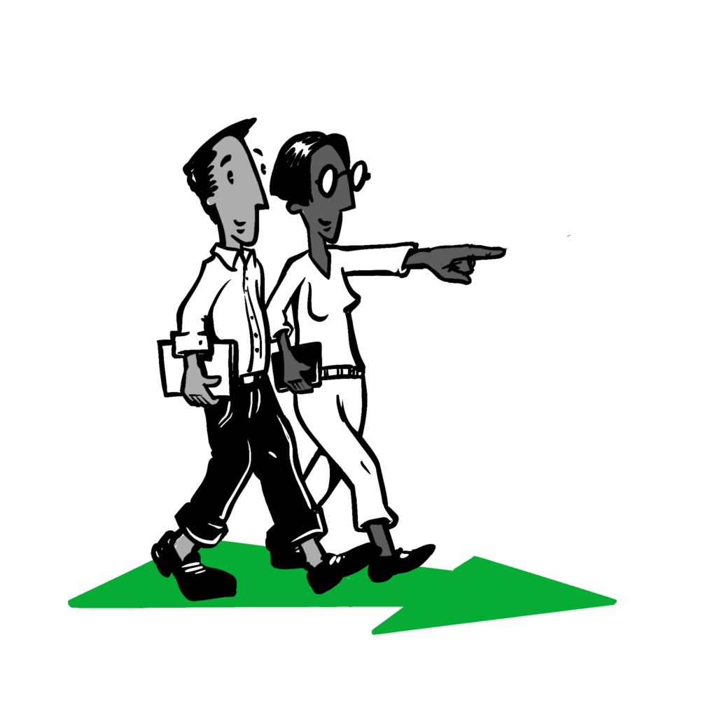 Illustration of two people holding laptops walking on a large arrow and pointing in the direction of the arrow