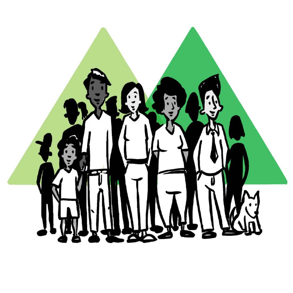 Illustration of a large group of people and a dog standing in front of two large green triangles