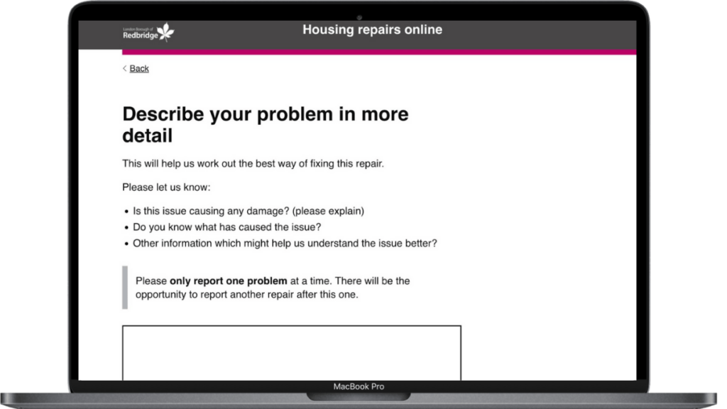 Laptop with Webpage for Redbridge housing repairs online