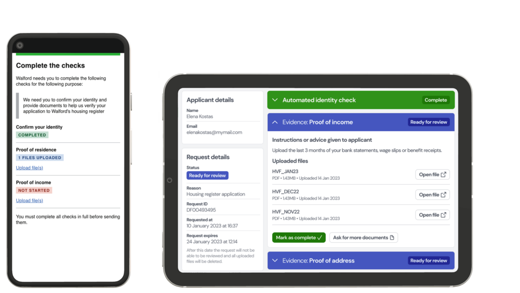 Screenshots of the Evidence SaaS product in a mobile device and tablet. The mobile shows the Complete your checks page. The tablet shows the Request details page.
